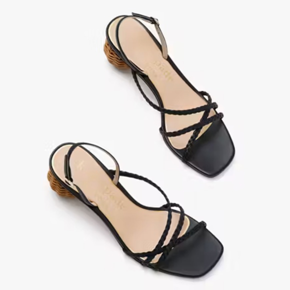 Kate Spade Valencia Sandals Black Size 8 Woven Raffia Ball Heel - Picture 11 of 13